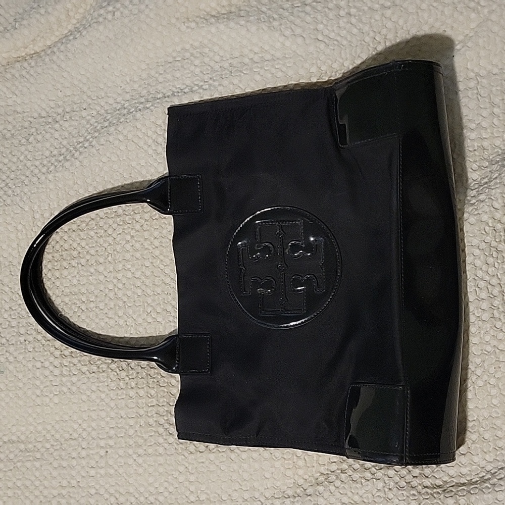 Tory Burch Black Nylon/Patent Logo Tote Purse